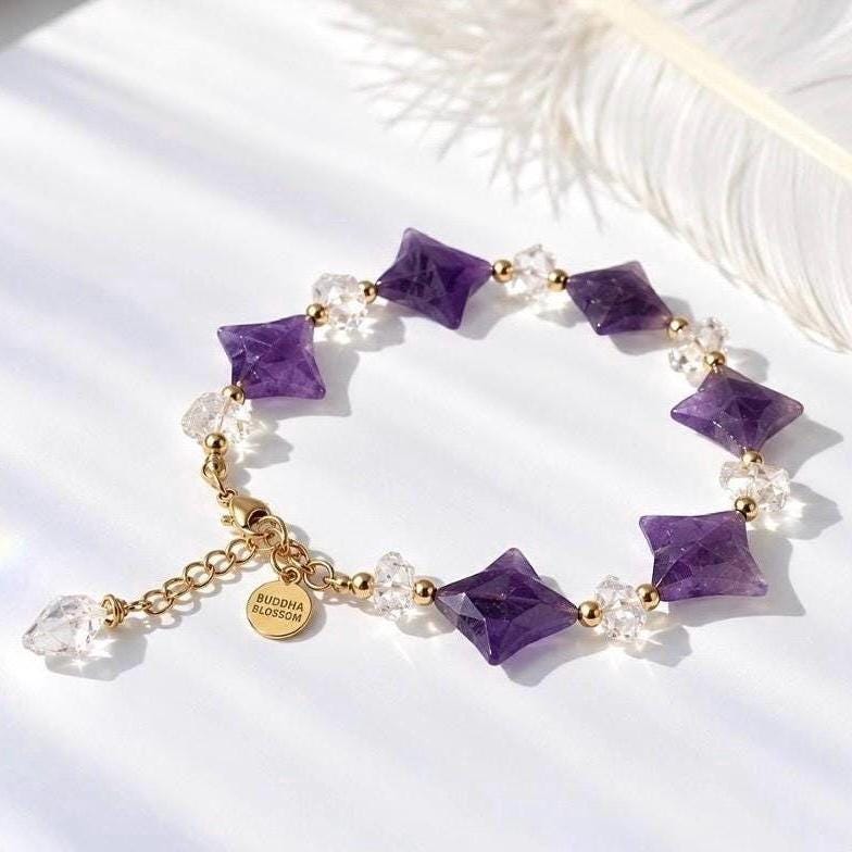 Amethyst Star and Herkimer Diamond Bracelet, 4 Point Star Bracelet, Star Jewelry, Healing Crystal Bracelet, Amethyst Birthstone Gift