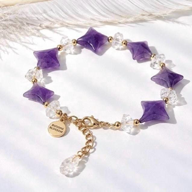 Amethyst Star and Herkimer Diamond Bracelet, 4 Point Star Bracelet, Star Jewelry, Healing Crystal Bracelet, Amethyst Birthstone Gift