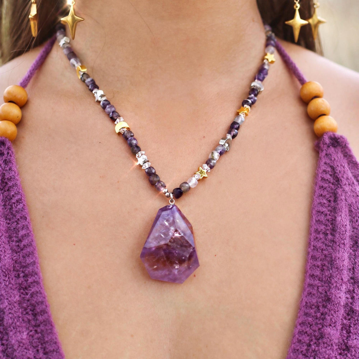 Large Amethyst Nugget Necklace, Gemmy Amethyst Pendant, Beaded Amethyst Boho Jewelry, Amethyst Choker Necklace, Statement Necklace