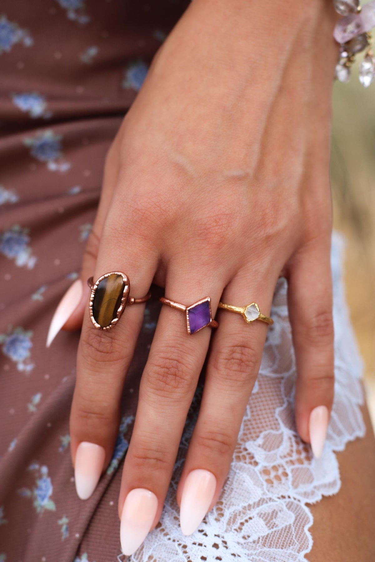 Diamond Shape Amethyst Stone Ring, February Birthstone Ring, Boho Style Crystal Ring, Diamond Shaped Gemstone, Copper Jewelry