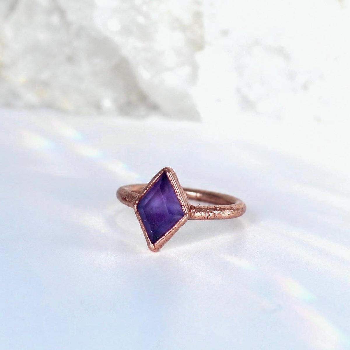 Diamond Shape Amethyst Stone Ring, February Birthstone Ring, Boho Style Crystal Ring, Diamond Shaped Gemstone, Copper Jewelry