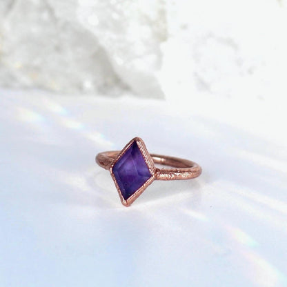 Diamond Shape Amethyst Stone Ring, February Birthstone Ring, Boho Style Crystal Ring, Diamond Shaped Gemstone, Copper Jewelry