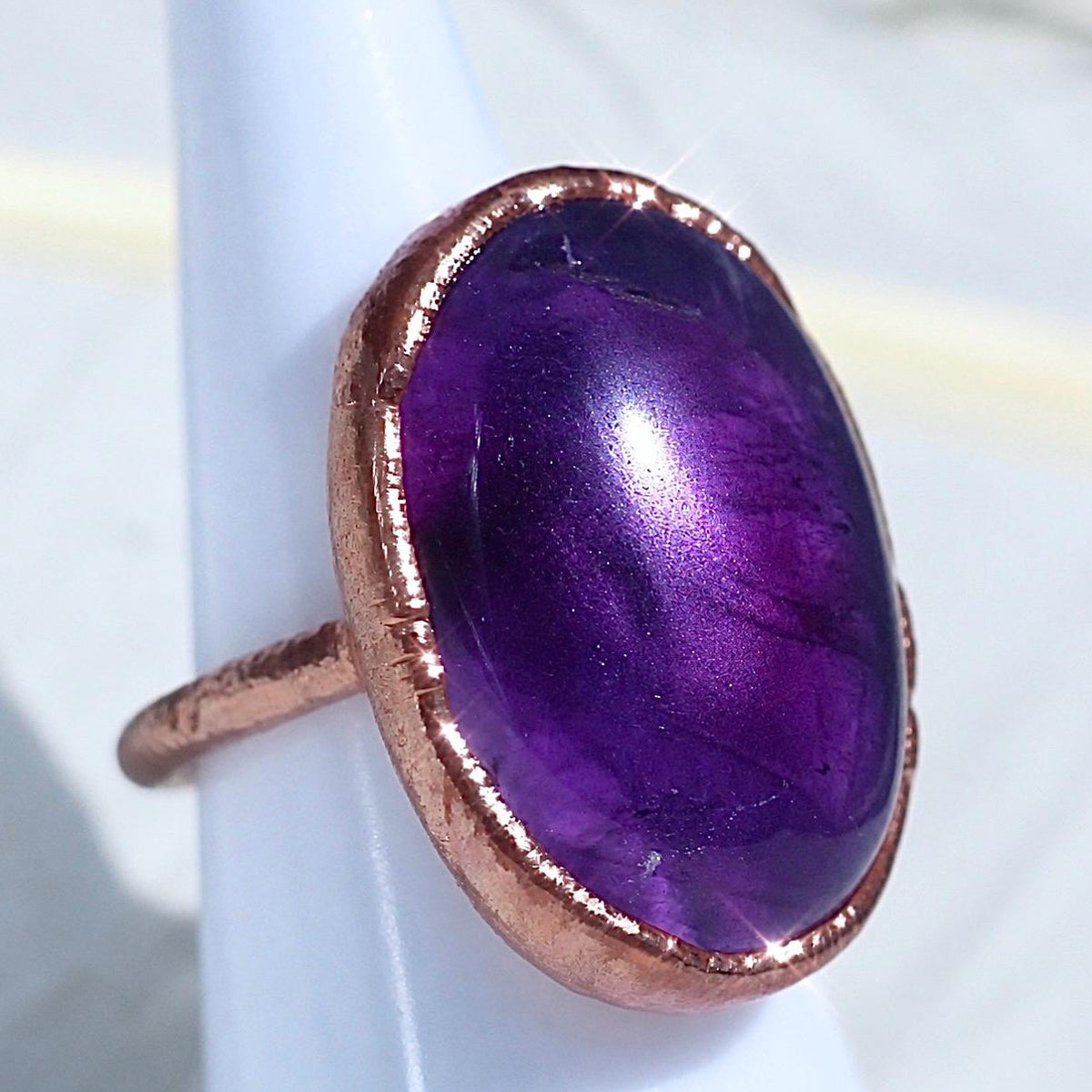 Big Amethyst Oval Ring, Statement Crystal Ring, Copper Gemstone Ring, Large Amethyst Stone, Large Stone Boho Ring, Cocktail Ring