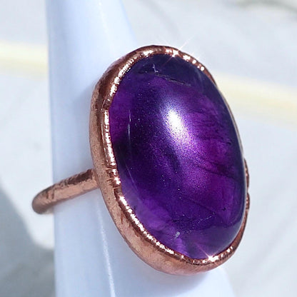 Big Amethyst Oval Ring, Statement Crystal Ring, Copper Gemstone Ring, Large Amethyst Stone, Large Stone Boho Ring, Cocktail Ring