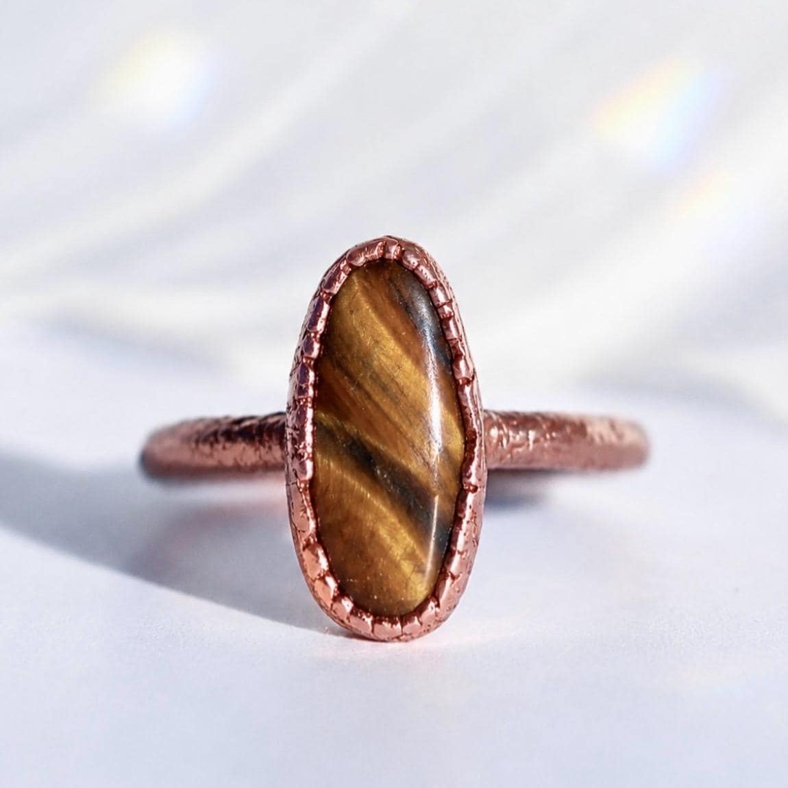 Electroformed Copper Tiger's Eye Ring, Raw Crystal Jewelry, Good Luck Stone Ring, Tigers Eye Jewelry, Raw Copper Ring, Healing Stone Ring