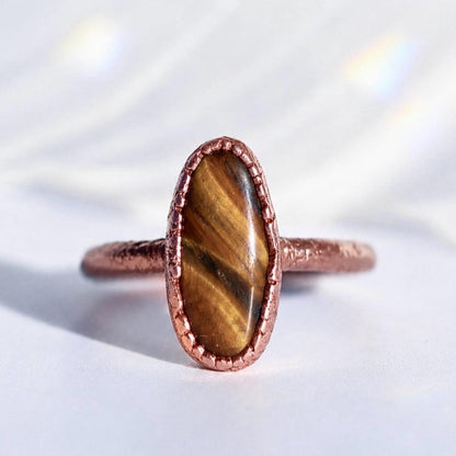 Electroformed Copper Tiger's Eye Ring, Raw Crystal Jewelry, Good Luck Stone Ring, Tigers Eye Jewelry, Raw Copper Ring, Healing Stone Ring