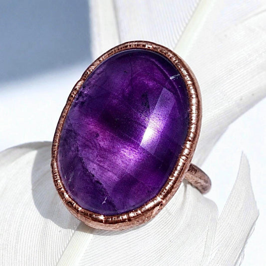Big Amethyst Oval Ring, Statement Crystal Ring, Copper Gemstone Ring, Large Amethyst Stone, Large Stone Boho Ring, Cocktail Ring