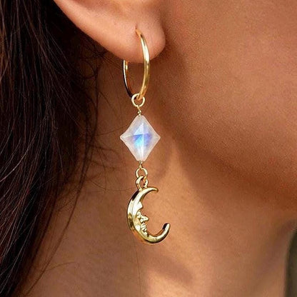 Crescent Moon Face Earrings, Moonstone Crystal Earrings, Moon Earrings Gold, 4 Point Star, Moon Huggy Hoops, Moon Huggies, Celestial Hoops