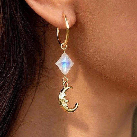 Crescent Moon Face Earrings, Moonstone Crystal Earrings, Moon Earrings Gold, 4 Point Star, Moon Huggy Hoops, Moon Huggies, Celestial Hoops