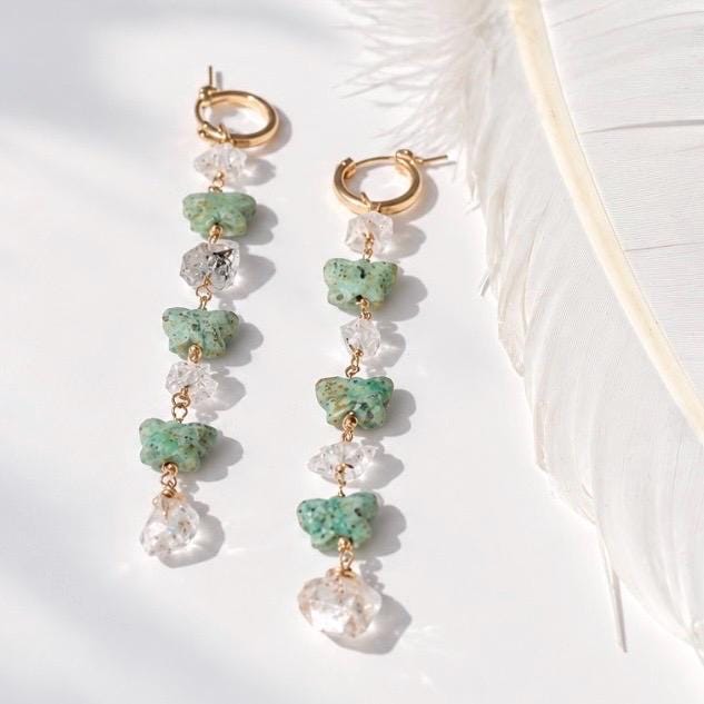 Turquoise Butterfly and Herkimer Diamond Duster Earrings: Gold Filled or Sterling Silver Huggie Hoops, Boho Bead Earrings, Dainty Crystals