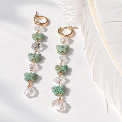 Turquoise Butterfly and Herkimer Diamond Duster Earrings: Gold Filled or Sterling Silver Huggie Hoops, Boho Bead Earrings, Dainty Crystals