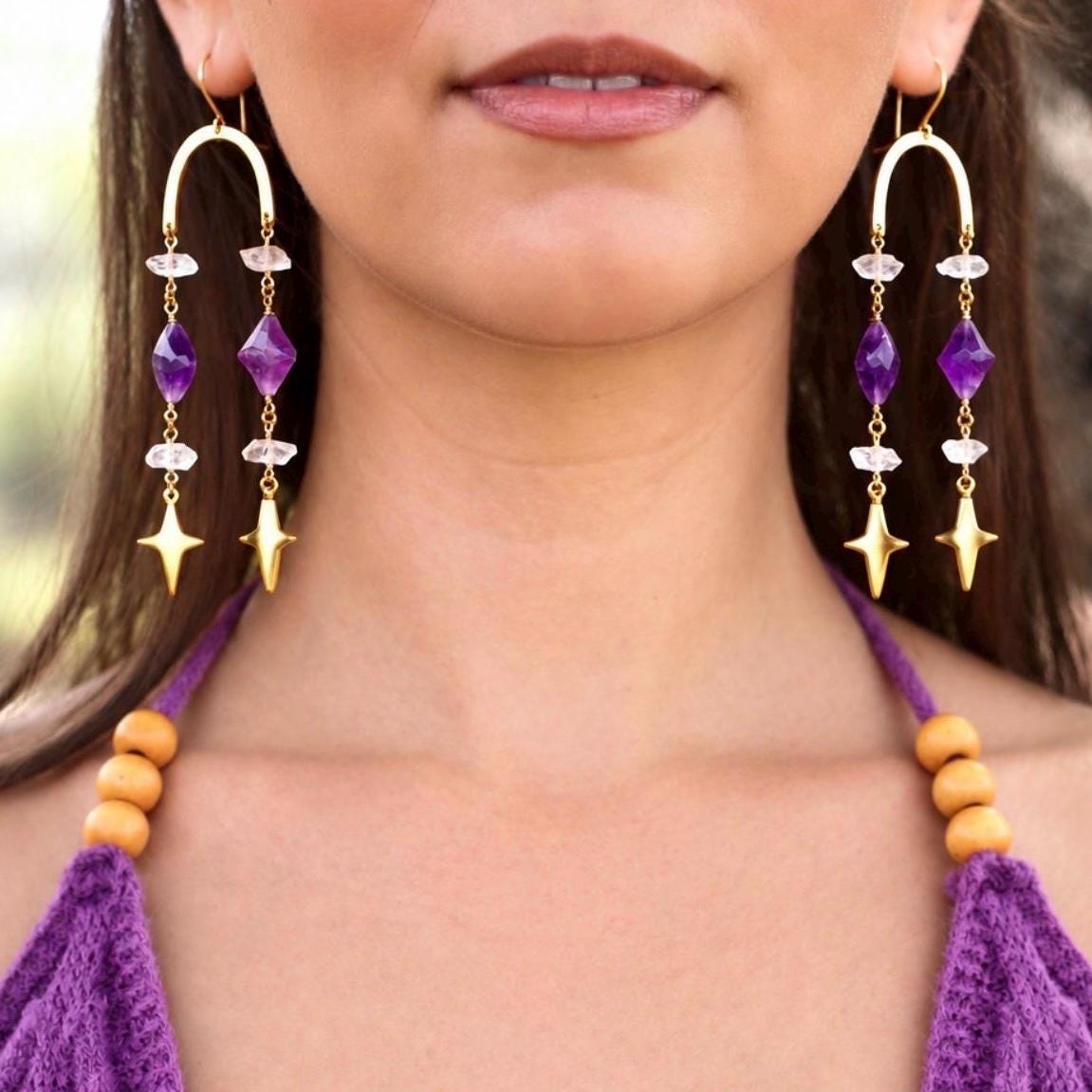 Whimsical Crystal Amethyst Earrings, Celestial Crystal Earrings, North Star Shape, 4 Point Star Earrings, Crystal Dangle Earrings, Boho Stye