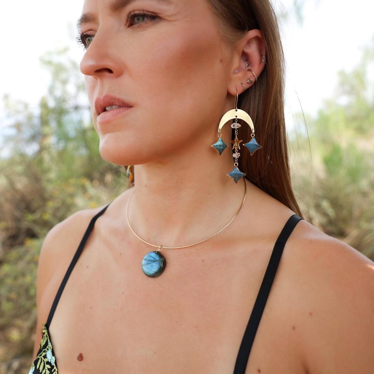 Celestial Crystal Statement Earrings, Whimsigoth Earrings, Labradorite Crystal Earrings, Crescent Moon Statement Earrings, Celestial Jewelry