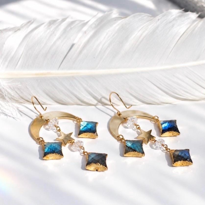Celestial Crystal Statement Earrings, Whimsigoth Earrings, Labradorite Crystal Earrings, Crescent Moon Statement Earrings, Celestial Jewelry