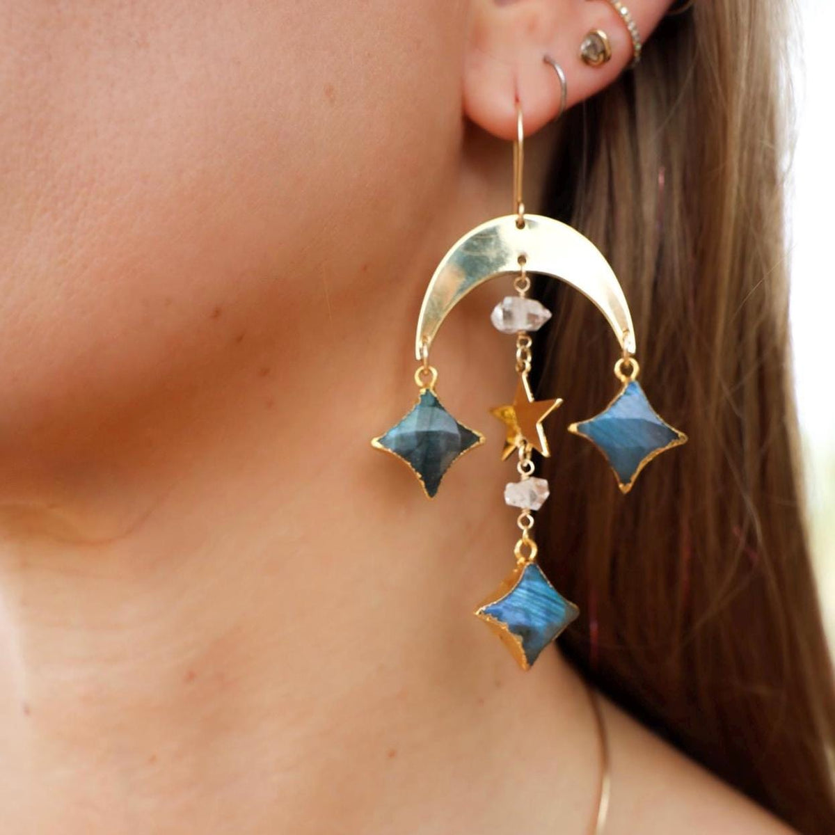 Celestial Crystal Statement Earrings, Whimsigoth Earrings, Labradorite Crystal Earrings, Crescent Moon Statement Earrings, Celestial Jewelry