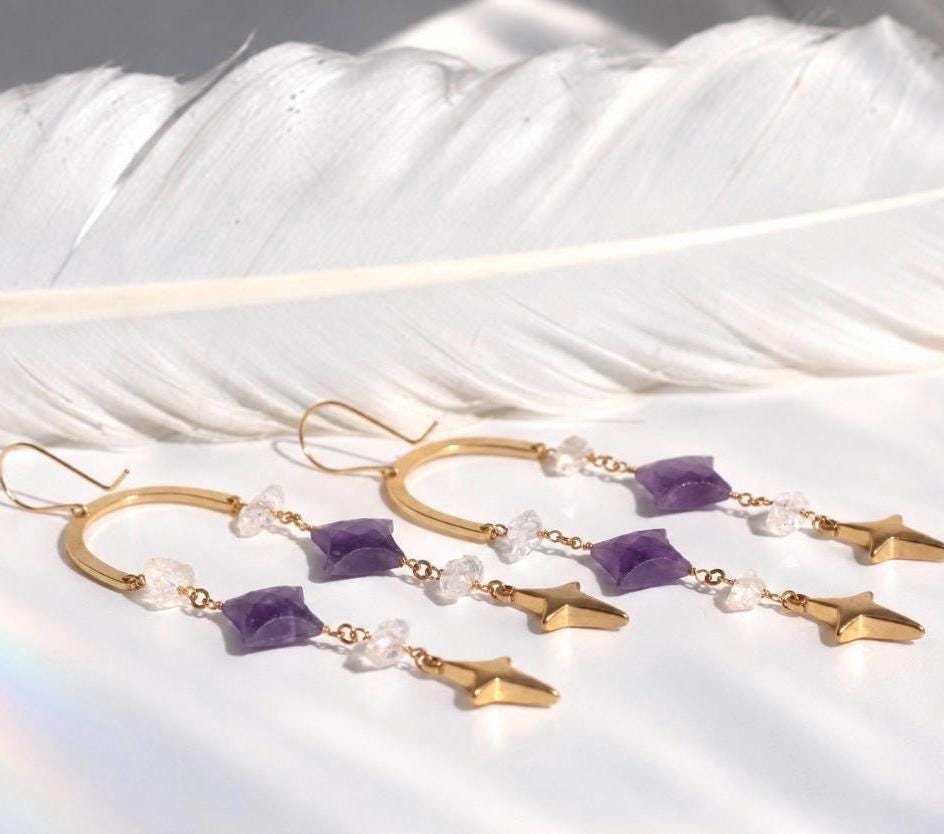 Whimsical Crystal Amethyst Earrings, Celestial Crystal Earrings, North Star Shape, 4 Point Star Earrings, Crystal Dangle Earrings, Boho Stye