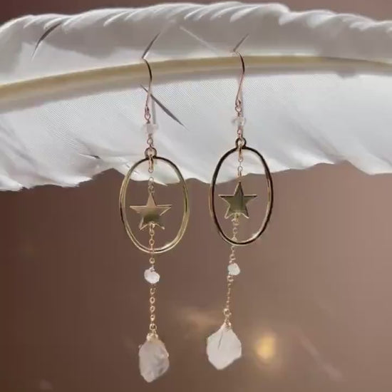 Star Dangle Earrings with Oval Hoop & Herkimer Diamonds- 14k Gold Filled or Sterling Silver Skin Safe Earring Hook