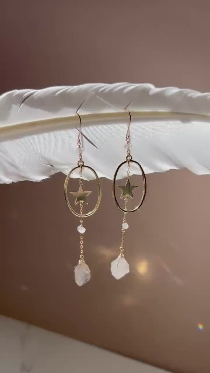 Star Dangle Earrings with Oval Hoop & Herkimer Diamonds- 14k Gold Filled or Sterling Silver Skin Safe Earring Hook