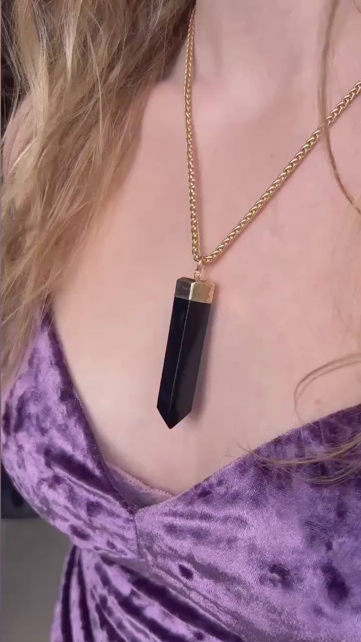 Obsidian Protection Stone Pendant, Extra Large Black Obsidian Pendant Necklace, Protective Crystal Necklace, Grounding Stone Necklace