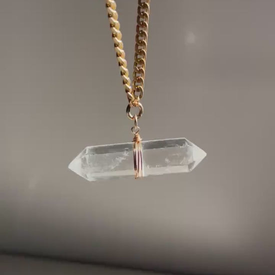 Crystal Quartz Bar Necklace, Chunky Quartz Necklace, Double Terminated Crystal Necklace, 14k Gold Crystal Necklace, Gift for Her