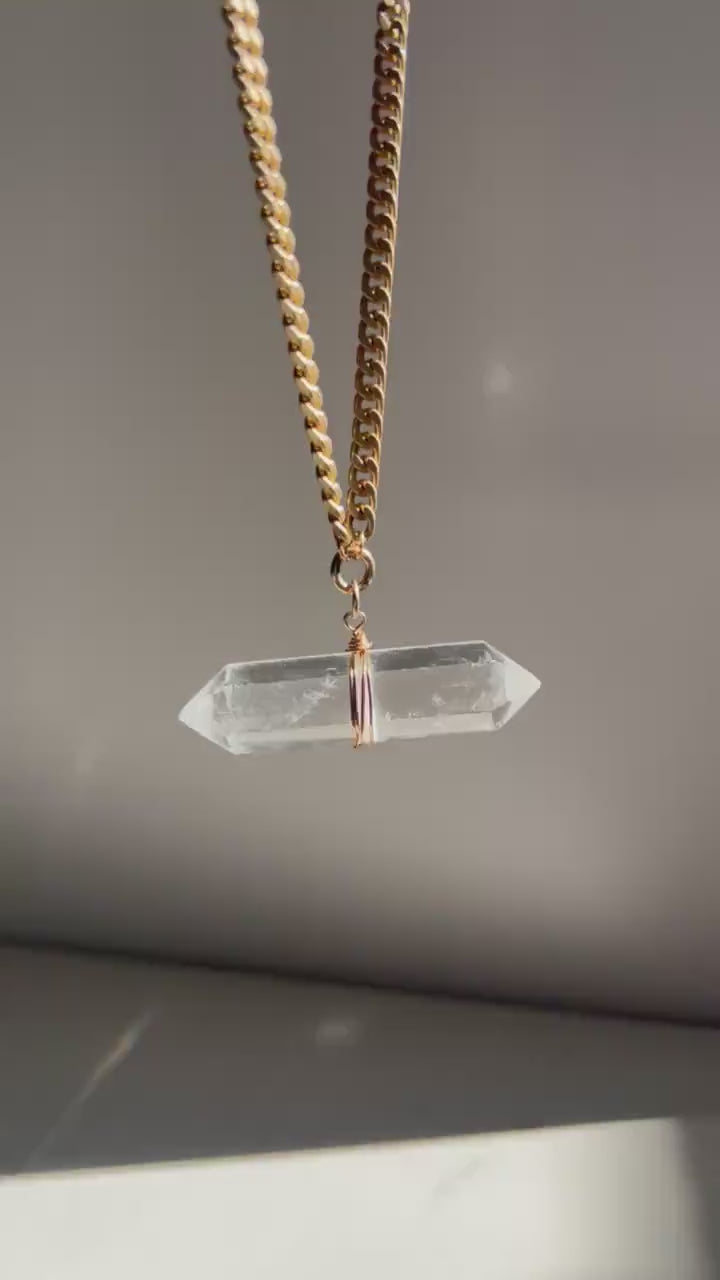 Crystal Quartz Bar Necklace, Chunky Quartz Necklace, Double Terminated Crystal Necklace, 14k Gold Crystal Necklace, Gift for Her