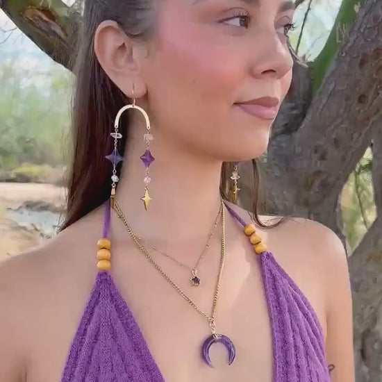 Whimsical Crystal Amethyst Earrings, Celestial Crystal Earrings, North Star Shape, 4 Point Star Earrings, Crystal Dangle Earrings, Boho Stye