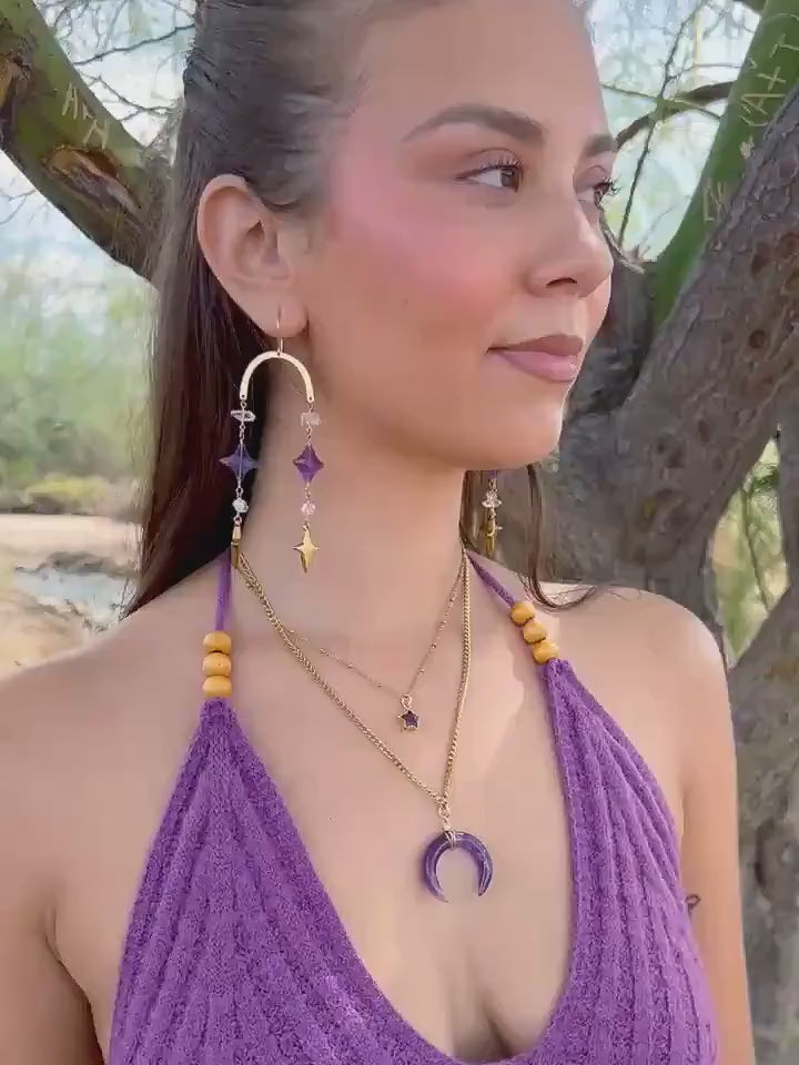Whimsical Crystal Amethyst Earrings, Celestial Crystal Earrings, North Star Shape, 4 Point Star Earrings, Crystal Dangle Earrings, Boho Stye