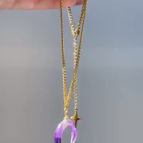 Amethyst Crescent Moon Necklace, Amethyst Horn Pendant, Crystal Moon Pendant, February Birthstone Gift, Celestial Jewelry, Crystal Moon