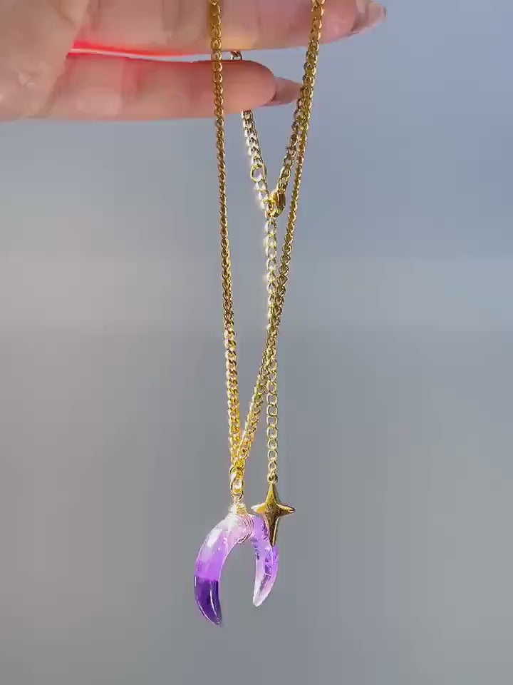 Amethyst Crescent Moon Necklace, Amethyst Horn Pendant, Crystal Moon Pendant, February Birthstone Gift, Celestial Jewelry, Crystal Moon