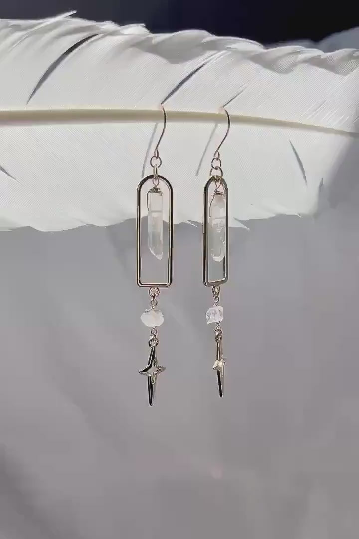 Arch-Shaped Dangle Earrings with Raw Crystal Point & Star Charm - 14k Gold Filled or Sterling Silver Skin Safe Ear Wires