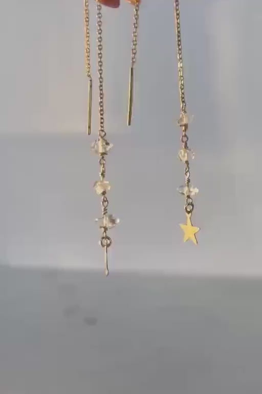 Moon and Star Threader Earrings, Dainty Celestial Earrings, Delicate Star Earrings Gold, Herkimer Diamond Threaders, Lightweight Earrings