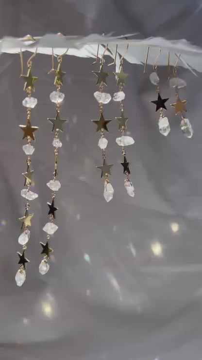 Star Statement Earrings- Long Dangle Style with Stars & Herkimer Diamonds | 14k Gold Filled or Sterling Silver Skin Safe Ear Wires