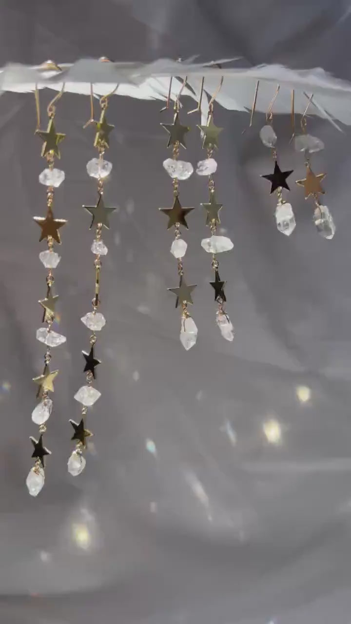 Star Statement Earrings- Long Dangle Style with Stars & Herkimer Diamonds | 14k Gold Filled or Sterling Silver Skin Safe Ear Wires