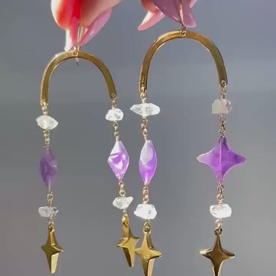 Whimsical Crystal Amethyst Earrings, Celestial Crystal Earrings, North Star Shape, 4 Point Star Earrings, Crystal Dangle Earrings, Boho Stye