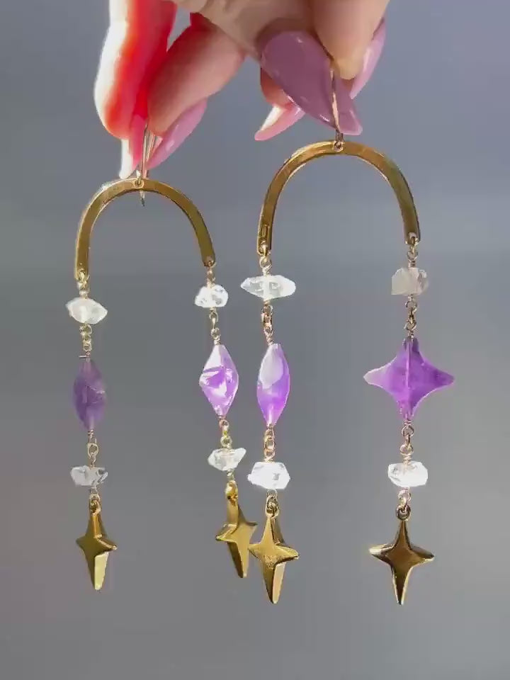 Whimsical Crystal Amethyst Earrings, Celestial Crystal Earrings, North Star Shape, 4 Point Star Earrings, Crystal Dangle Earrings, Boho Stye