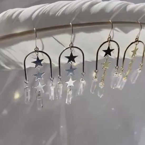 Statement Arch Shaped Earrings with Dangling Stars & Crystal Points | 14k Gold Filled or Sterling Silver Skin Safe Ear Wires