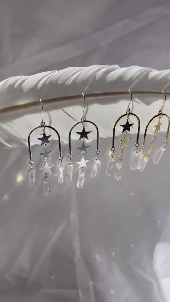 Statement Arch Shaped Earrings with Dangling Stars & Crystal Points | 14k Gold Filled or Sterling Silver Skin Safe Ear Wires