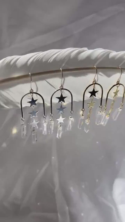 Statement Arch Shaped Earrings with Dangling Stars & Crystal Points | 14k Gold Filled or Sterling Silver Skin Safe Ear Wires