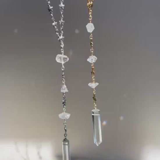 Lariat Necklace with Crystal Quartz in Gold or Silver with Herkimer Diamonds & Star Link Chain