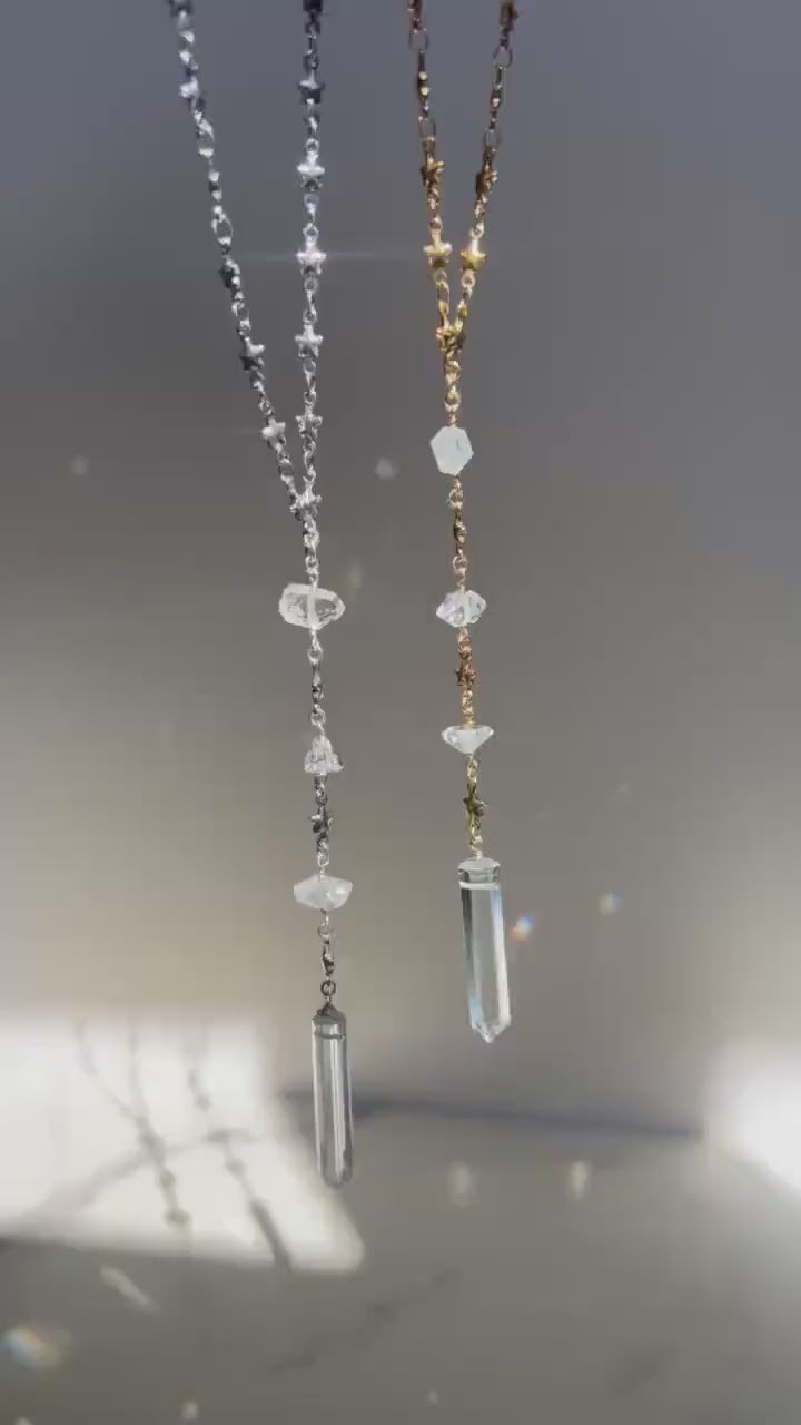 Lariat Necklace with Crystal Quartz in Gold or Silver with Herkimer Diamonds & Star Link Chain