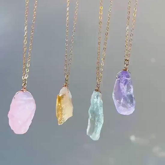 Raw Crystal Necklace, Raw Rose Quartz Necklace, Citrine Pendant, Amethyst Crystal Pendant, Green Amethyst Jewelry, One of a Kind Necklace