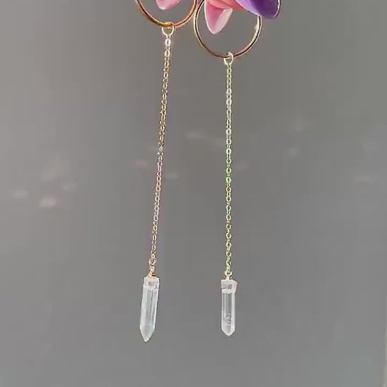 Crystal Quartz Duster Earrings, Duster Hoop Earrings, Lightweight Dangle Earrings, 14k Gold Filled Wedding Earrings