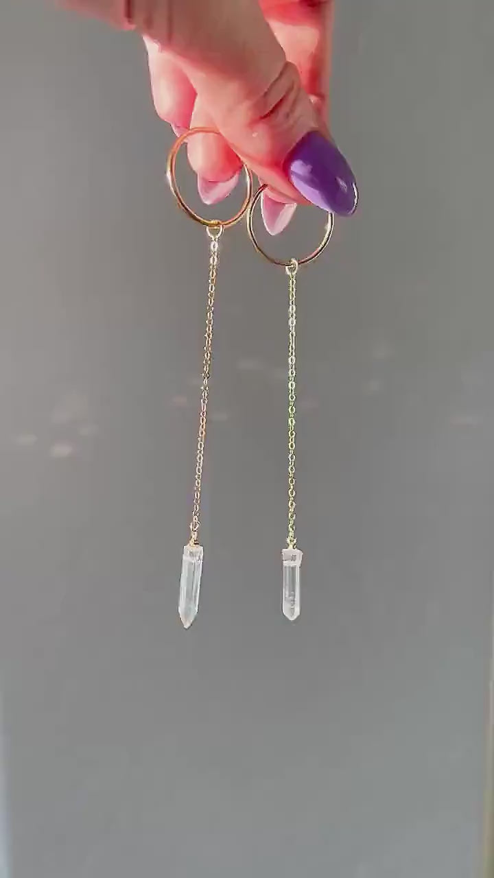 Crystal Quartz Duster Earrings, Duster Hoop Earrings, Lightweight Dangle Earrings, 14k Gold Filled Wedding Earrings