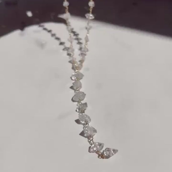 Herkimer Diamond Lariat Necklace, Boho Bridal Necklace, Deep V Necklace, Crystal Y Necklace, Rosary Chain Necklace, Boho Bride Jewelry