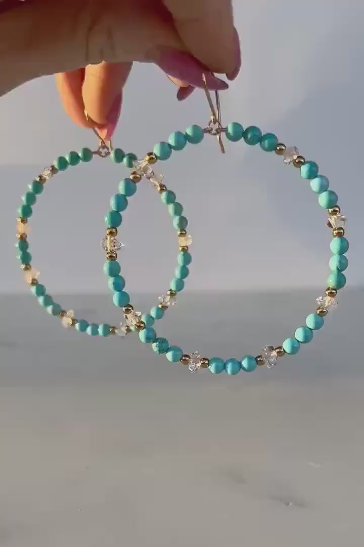 Beaded Boho Hoop Earrings, Boho Style Hoops, Big Turquoise Hoop Earrings, Hippie Style Hoop Earrings, Bohemian Hoop Earrings, Gemstone Hoops
