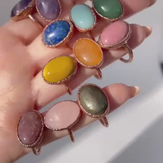 Electroformed Copper Mookaite Ring: Oval Yellow Stone Jewelry, Mookaite Jasper Jewelry, Sunny Yellow Stone Ring