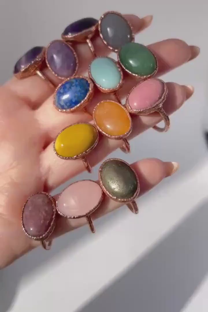 Electroformed Copper Mookaite Ring: Oval Yellow Stone Jewelry, Mookaite Jasper Jewelry, Sunny Yellow Stone Ring