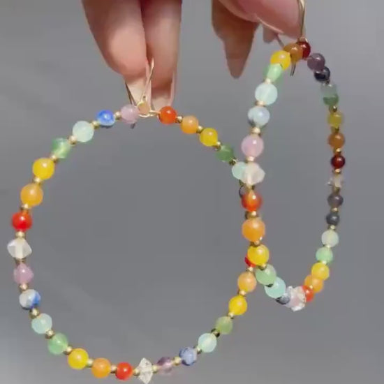 Beaded Chakra Gemstone Hoop Earrings: Boho Gemstone Chakra Hoops- Raw Chakra Gemstone Earrings, Handmade Earrings For Women