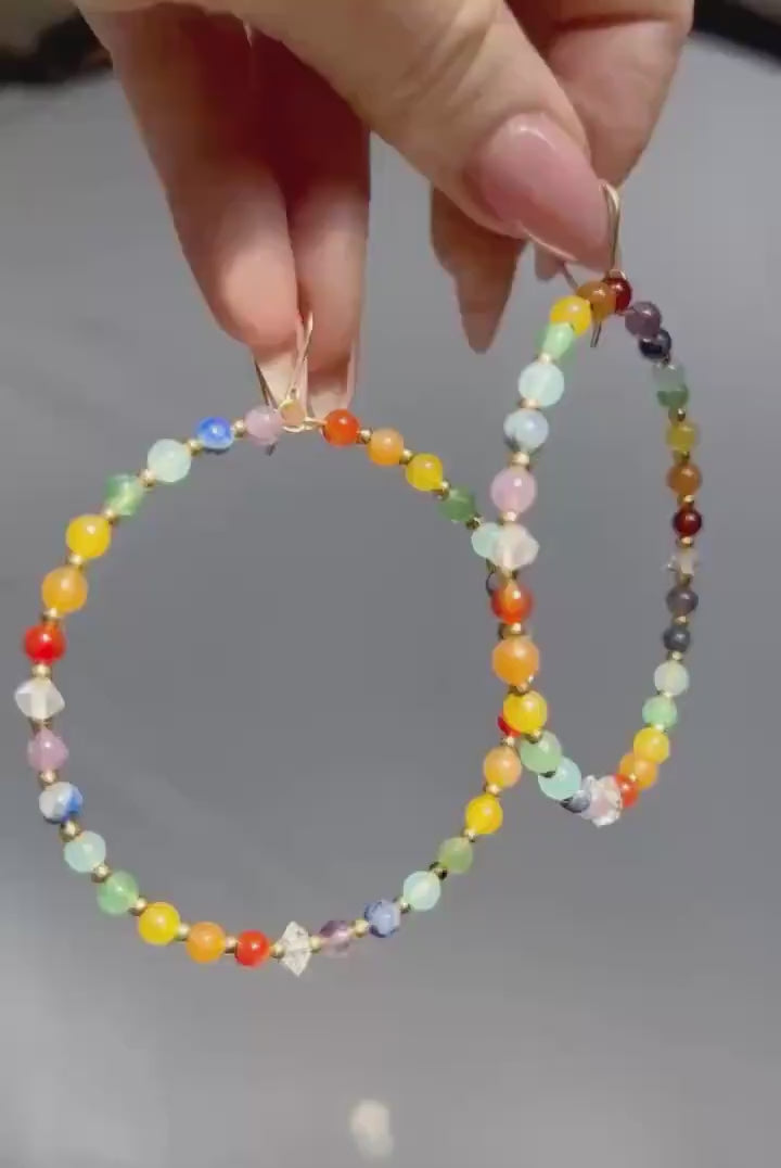 Beaded Chakra Gemstone Hoop Earrings: Boho Gemstone Chakra Hoops- Raw Chakra Gemstone Earrings, Handmade Earrings For Women