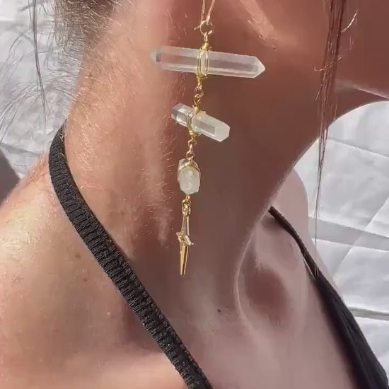 Ladder Style Earrings with 3 Double Terminated Crystals and 4 Point Star- 14k Gold Filled or Sterling Silver Skin Safe Ear Wire